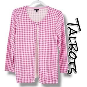 Talbots Pink Gingham Check Button Front Cardigan Sweater Womens Size Medium